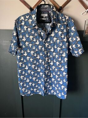 Ted Baker Blue Crane-Print Short Sleeve Button-Down Shirt